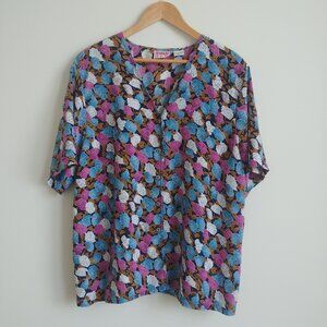 Vintage HER casual button down short sleeve blouse top silky purple blue XL